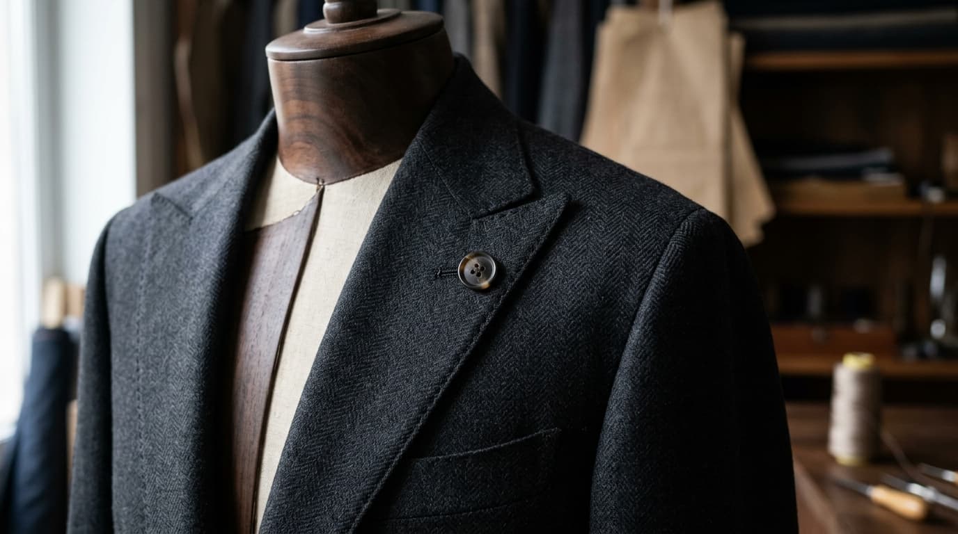 Close-up of bespoke AUREN tailored wool suit jacket on tailoring bust with hand-stitched lapel