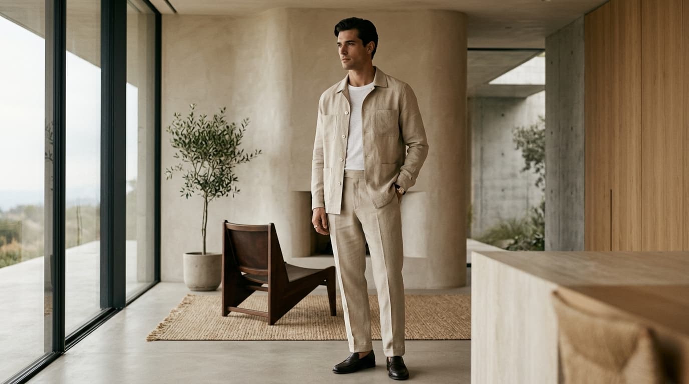 Editorial model wearing sand linen overshirt and relaxed tailoring in architectural interior